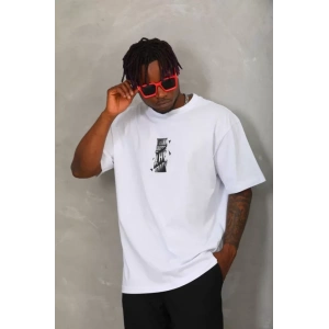 Unisex Oversize Baskılı Bisiklet Yaka T-Shirt - Beyaz