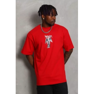 Unisex Oversize Baskılı Bisiklet Yaka T-Shirt - Kırmızı