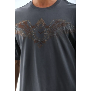 Unisex Oversize Taşlı Bisiklet Yaka T-Shirt - Füme