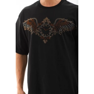 Unisex Oversize Taşlı Bisiklet Yaka T-Shirt - Siyah