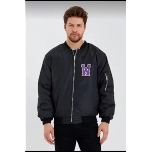 Unisex Uzun Kol Baskılı Bomber Ceket - Siyah