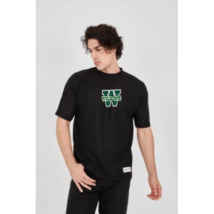 Unisex Waffle Kumaş Çift Katlamalı Kol Baskılı T-Shirt - Siyah