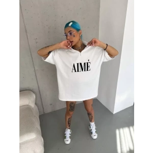 Unisex Yarım Fermuarlı Baskılı T-Shirt - Beyaz