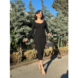 V yaka Uzun kollu midi boy elbise siyah A3154