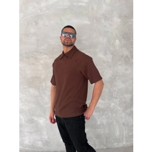 Yakalı Patlı Kısa Kol T-shirt - Kahverengi