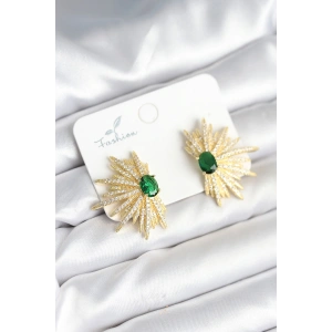 Yeşil Taş Detaylı Zirkon Taşlı Gold Renk Pirinç Kadın Küpe