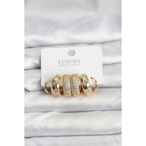 Zirkon Taşlı Pirinç Gold Renk Halka Kadın Küpe Seti