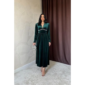 Zümrüt Göğüs Altı Taşlı Elbise