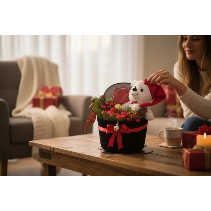 Oval Yılbaşı Hediye Kutusu – Peluş Ayılı