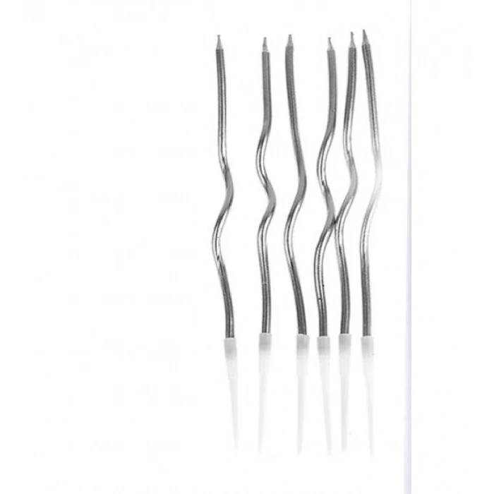 Spiral İnce Mum 16 cm Kıvrımlı Dalgalı Metalik Gümüş 12 Parça