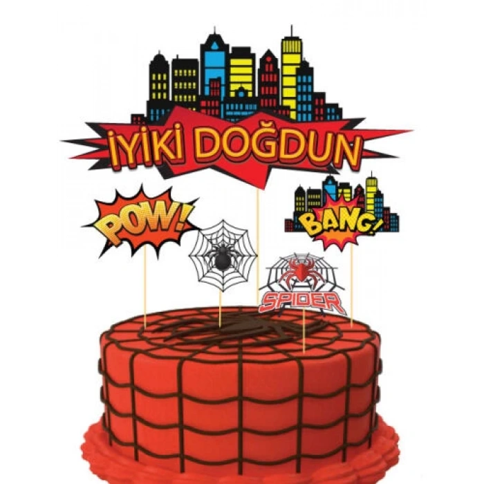 Spiderman Örümcek Adam Pasta Üstü Çubuklu Dekoratif Süs