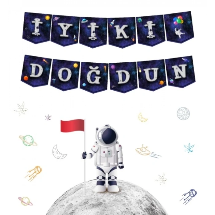 Kağıt Banner İyiki Doğdun Uzay Temalı Banner Süs