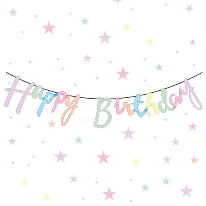 Happy Birthday Temalı Kağıt Banner Süs Makaron Renk