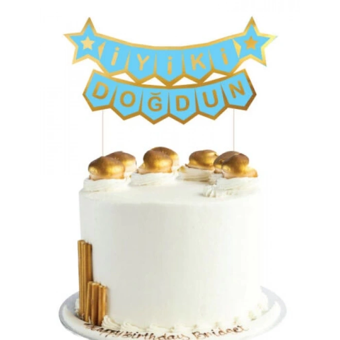 İyiki Doğdun Pasta Üstü Çubuklu Süs Gold Mavi