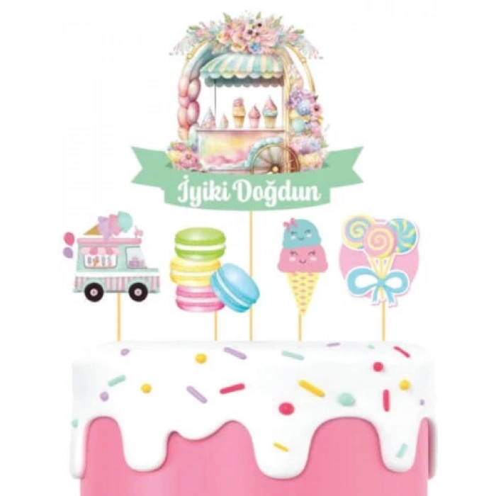 Pasta Üstü Çubuklu Süs Yaz Teması Makaron Dondurma 5 Parça