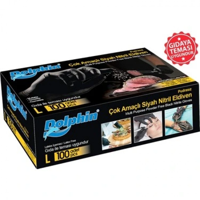 Dolphin 100 Adet Pudrasız Nitril Siyah Eldiven 100 lü
