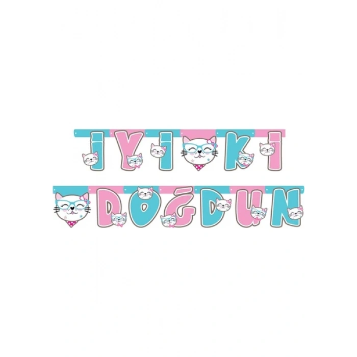 Sevimli Kedi Temalı Happy Birthday Uzar Yazı Banner