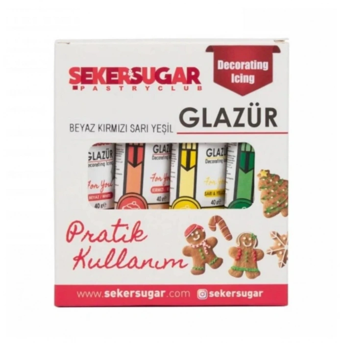 Şeker Sugar 4 lü Glazür Set Beyaz Kırmızı Sarı Yeşil