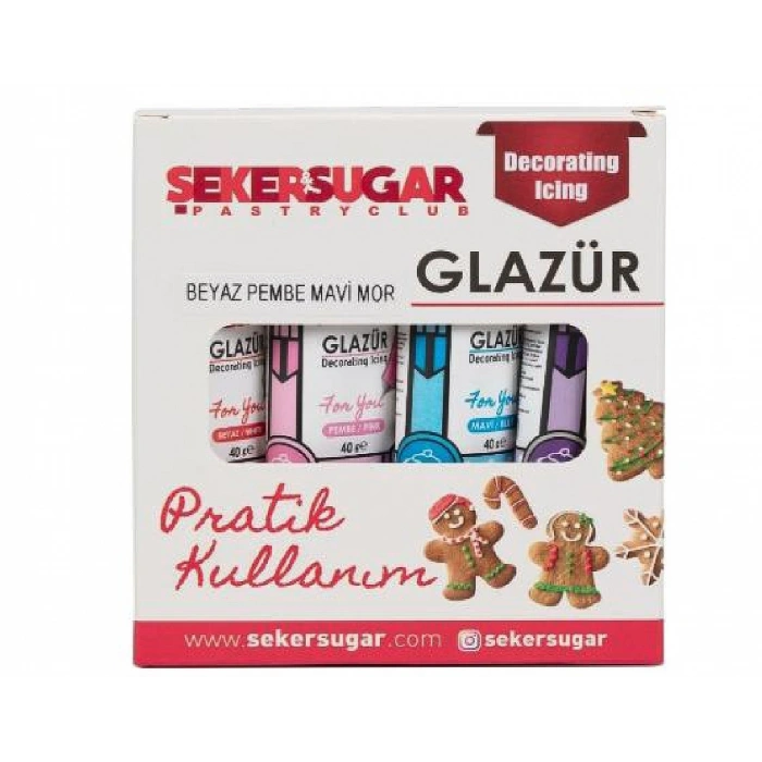 Şeker Sugar 4 lü Glazür Set Beyaz Pembe Mavi Mor