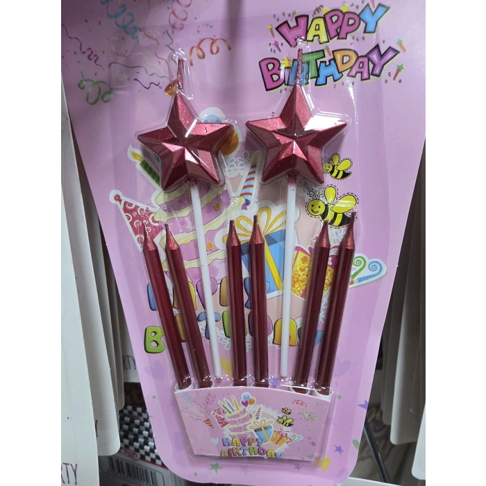 Happy Birthday Kırmızı Yıldızlı Mum 8 li