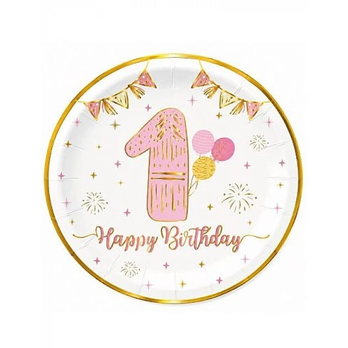 Karton Tabak Gold Varaklı 1 Yaş Pembe 23 cm 6 Parça