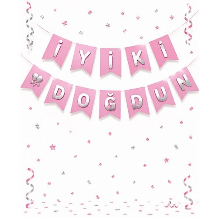 Kağıt Banner İyi Ki Doğdun Pembe Zemin Gümüş Varaklı