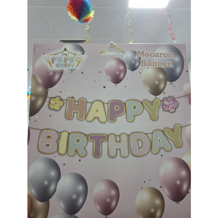 Happy Birthday Makaron Çiçekli Banner