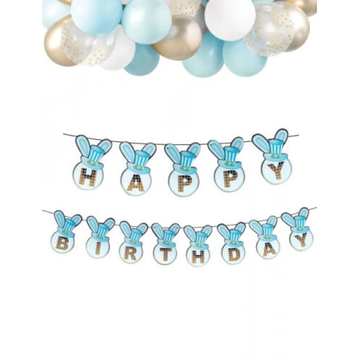 Tavşan Happy Birthday Banner Mavi Altın