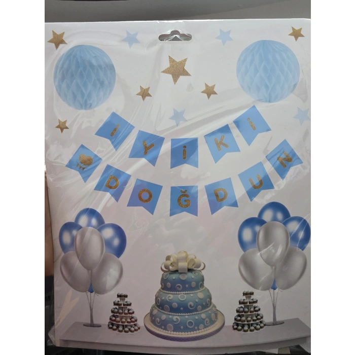 İyiki Doğdun Doğum Günü Banner + 2 adet Petek Süs Set Mavi