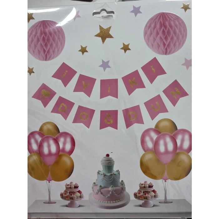 İyiki Doğdun Banner Pembe Altın + 2 Adet Petek Süs