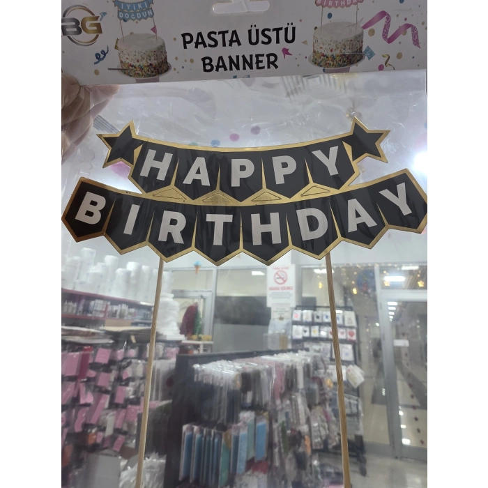 Happy Birthday Siyah Altın Pasta Üstü Süs