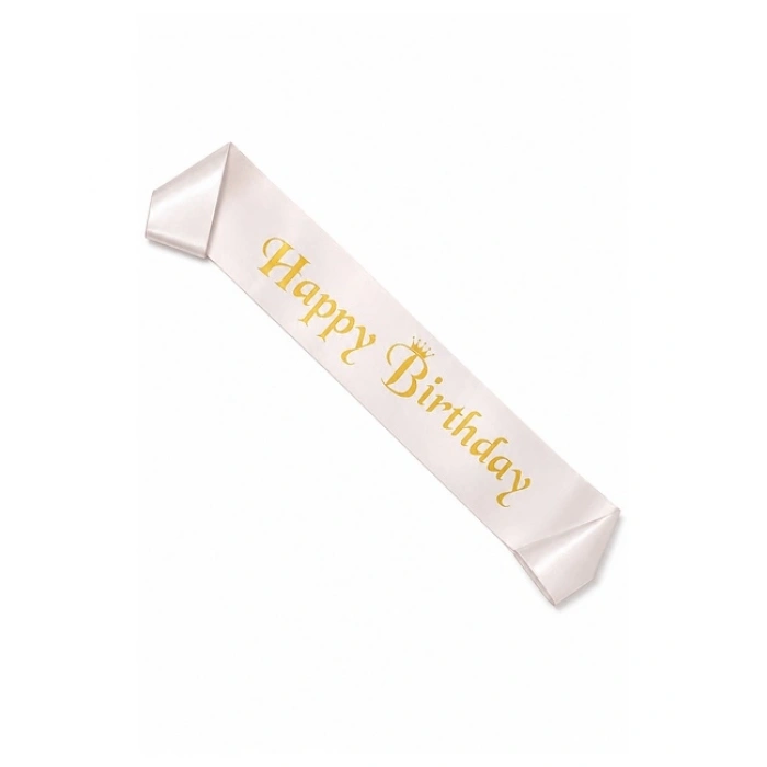 Kuşak Saten Happy Birthday Beyaz Üzeri Altın Baskılı