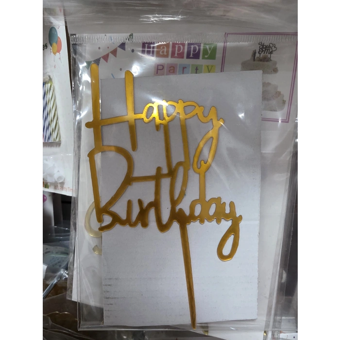 Happy Birthday Çubuklu Pleksi Pasta Üstü Süs