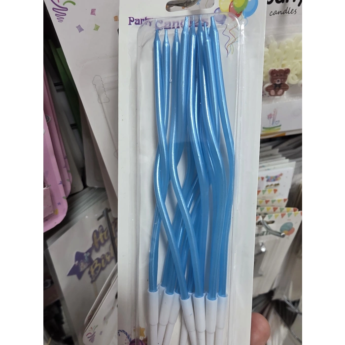 Kıvrımlı Mum İnce 16 cm Dalgalı Metalik Makaron Mavi 12 Parça