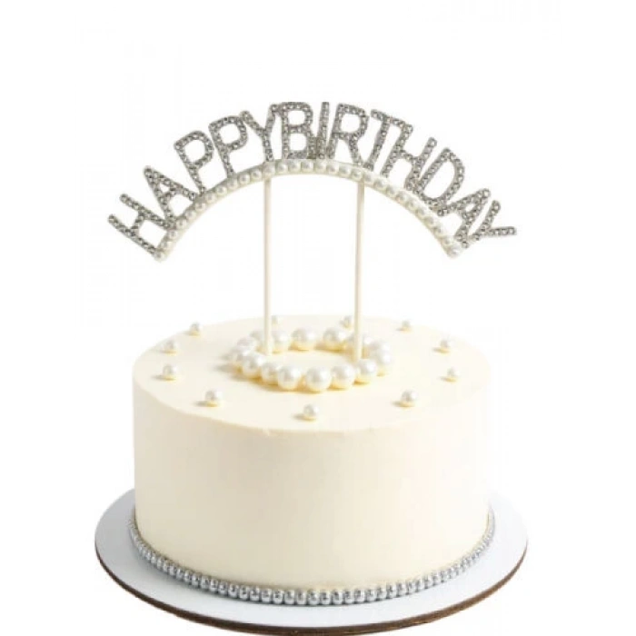 Pasta Üstü Çubuklu Happy Birthday Taşlı İncili Süs