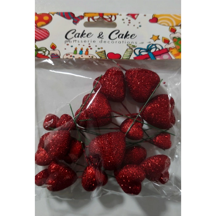 Pasta üstü simli kırmızı kalpli top süs