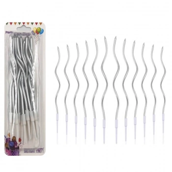 12 li Kıvrık Dalgalı Mum Gümüş Renk 16 cm