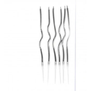 Spiral İnce Mum 16 cm Kıvrımlı Dalgalı Metalik Gümüş 12 Parça