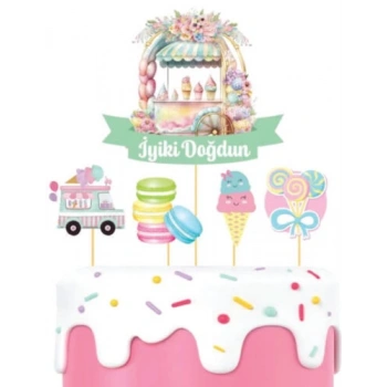 Pasta Üstü Çubuklu Süs Yaz Teması Makaron Dondurma 5 Parça