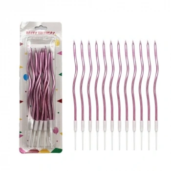 Mum İnce 16 cm Dalgalı Kıvrık Metalik Pembe 12 Parça