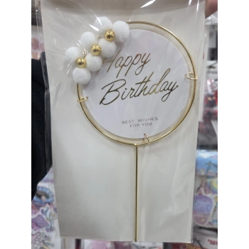 Happy Birthday Pasta Üstü Süs Cake Topper Beyaz Gold