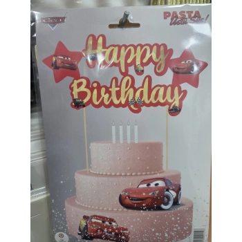 Arabalı Happy Birthday Pasta Üstü Çubuklu Süs