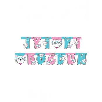 Sevimli Kedi Temalı Happy Birthday Uzar Yazı Banner