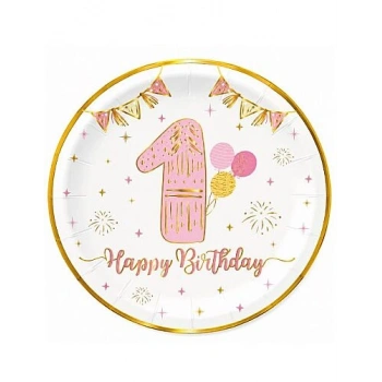Karton Tabak Gold Varaklı 1 Yaş Pembe 23 cm 6 Parça