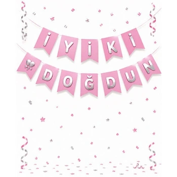 Kağıt Banner İyi Ki Doğdun Pembe Zemin Gümüş Varaklı