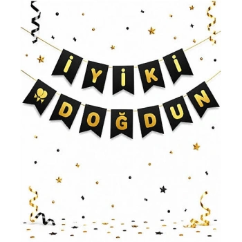 Kağıt Banner İyi Ki Doğdun Siyah Zemin Altın Varaklı