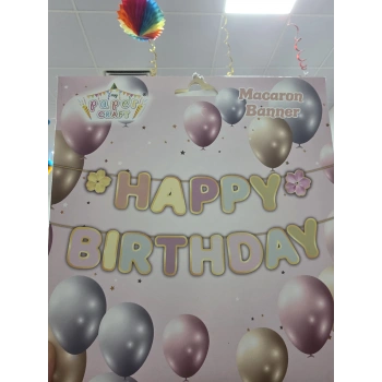 Happy Birthday Makaron Çiçekli Banner