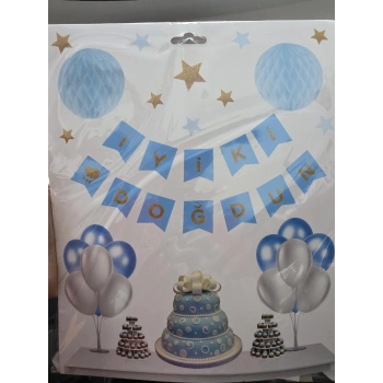 İyiki Doğdun Doğum Günü Banner + 2 adet Petek Süs Set Mavi
