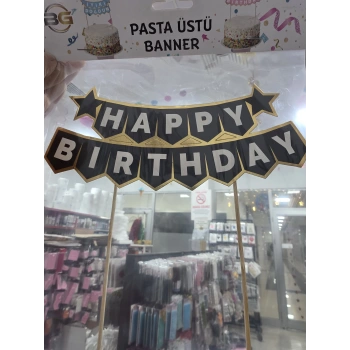 Happy Birthday Siyah Altın Pasta Üstü Süs