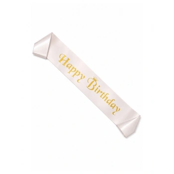 Kuşak Saten Happy Birthday Beyaz Üzeri Altın Baskılı